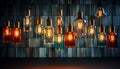 Illuminated glass bulb hanging, bright decoration, old lantern, vibrant wall generated by AI