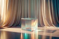 Illuminated glass cube display on soft draped fabric background. Generative AI Royalty Free Stock Photo