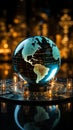 Illuminated glass globe on a backdrop of business charts with radiating rays