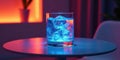 Illuminated glass with icy refreshment on a table in a room with red and blue lighting. Generative AI Royalty Free Stock Photo