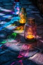 Illuminated Glass Jars with Colored Refractions on Stone Surface Evening Scenery Royalty Free Stock Photo