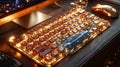 Illuminated glass keyboard on desk, night setting, computer background, product shot Royalty Free Stock Photo