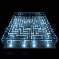 Illuminated glass maze with intricate paths, bright blue lighting on dark background for game concepts Royalty Free Stock Photo