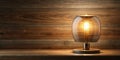 Illuminated glass table lamp on rustic wooden surface. Generative AI Royalty Free Stock Photo