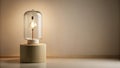 Illuminated glass table lamp on wooden base against neutral wall. Generative AI Royalty Free Stock Photo