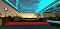 Illuminated glass transparent bottom pool at night above the cozy lounge patio with red glowing steps and white luminous street Royalty Free Stock Photo