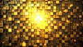 Illuminated golden cubic array abstract background of glowing blocks with shimmering particles. Generative AI Royalty Free Stock Photo