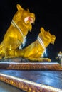 Illuminated golden lions at night, center of Sihanoukville. Cambodia