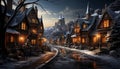 Illuminated gothic architecture in winter, snow covered cityscape celebrates Christmas generated by AI