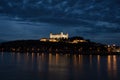 Illuminated gothic renaissance baroque medieval Bratislava castle Bratislavsky hrad fortress during blue hour