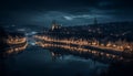 Illuminated Gothic spires reflect in ancient water below generated by AI