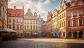 The illuminated Gothic style Warsaw town hall stands in the courtyard generated by AI