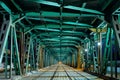 Illuminated Green Metal Bridge in Warsaw at Night Royalty Free Stock Photo