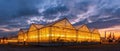 The illuminated greenhouse glowing beautifully against a dramatic sunset backdrop. AI generated image Royalty Free Stock Photo