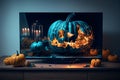 Illuminated halloween pumpkin in a television. Halloween party. Night scene. Horror.