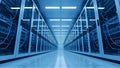Modern Data Center Server Room with Blue Lights and Rows of Racks Royalty Free Stock Photo