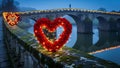 Illuminated Heart Shaped Decorations on Bridge Railing Royalty Free Stock Photo