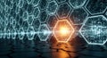 Illuminated hexagonal grid with a central bright orange light representing data flow and technology Royalty Free Stock Photo