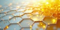 Illuminated hexagonal grid network abstract representation of interconnected systems and data flow. Generative AI Royalty Free Stock Photo