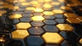 Illuminated hexagonal pattern a close-up view of interlocking gold and black tiles reflecting sunlight. Generative AI Royalty Free Stock Photo