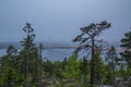 Illuminated High Coast Bridge with low cloud cover