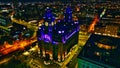 Illuminated historic building at night in urban skyline in Liverpool, UK Royalty Free Stock Photo