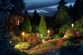 Illuminated home garden path patio lights autumns Royalty Free Stock Photo