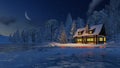 Illuminated house and christmas tree at moonlight night Royalty Free Stock Photo