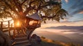 illuminated house on tree in mountains at sunset, romantic vacation outdoor in wild, glamping