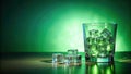 Illuminated ice cubes in a glass on a dark surface with green backdrop. Generative AI Royalty Free Stock Photo