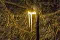 Illuminated icicle on a street lamp.