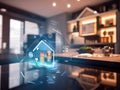 Illuminated icon in the form of a house on the background of the interior. Smart home conceptAI-Generated Royalty Free Stock Photo