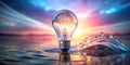 Illuminated idea emerging from ocean waves at sunset. Generative AI