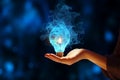 Illuminated idea in hand, blue smoke veils innovations mystical solution