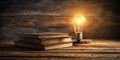 Illuminated ideas a glowing bulb and stack of vintage books on rustic wooden surface. Generative AI Royalty Free Stock Photo