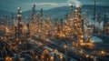 Illuminated Industrial Landscape at Night: Complex Oil Refinery with Lights and Structures Royalty Free Stock Photo