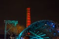 Illuminated Industrial Neighborhood in Athens with Live Light Show. Old Athens Gasworks Decorated with Red and Blue Led Lights