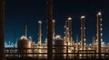 Illuminated Industrial Oil Refinery at Night with Tall Chimneys and Starry Sky