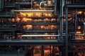 Industrial plant with complex network of pipes and metal structures at night Royalty Free Stock Photo