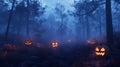 Illuminated Jack-o\'-Lanterns in a Foggy Forest at Night Royalty Free Stock Photo