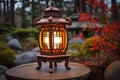 Illuminated Japanese Lantern in Tranquil Garden