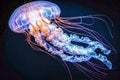 Illuminated Jellyfish Swimming Gracefully in Dark Ocean Waters, Ethereal Marine Life Scene, Bioluminescent Wildlife Underwater Royalty Free Stock Photo