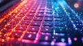 Illuminated keyboard, digital particles, night, data flow, website design