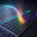 Illuminated keyboard with vibrant light streams, representing connectivity, data flow, innovative technology, and a modern digital Royalty Free Stock Photo
