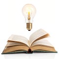 Illuminated Knowledge A Lightbulb Above an Open Book isolated on white background Royalty Free Stock Photo