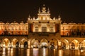 Illuminated Krakow Cloth Hall, Polish Sukiennice on main market square,Poland.Renaissance building at night during Christas.