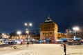 Illuminated Kremlin wall and main gate in Nizhny Novgorod