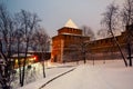 Illuminated Kremlin wall and main gate in Nizhny Novgorod