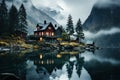 Illuminated Lakeside Cabin in Misty Mountain Setting. Generative AI Royalty Free Stock Photo