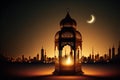 Illuminated lamp of Ramadan Kareem. Lantern with serene mosque background. Night sky with crescent moon. Generative AI Royalty Free Stock Photo
